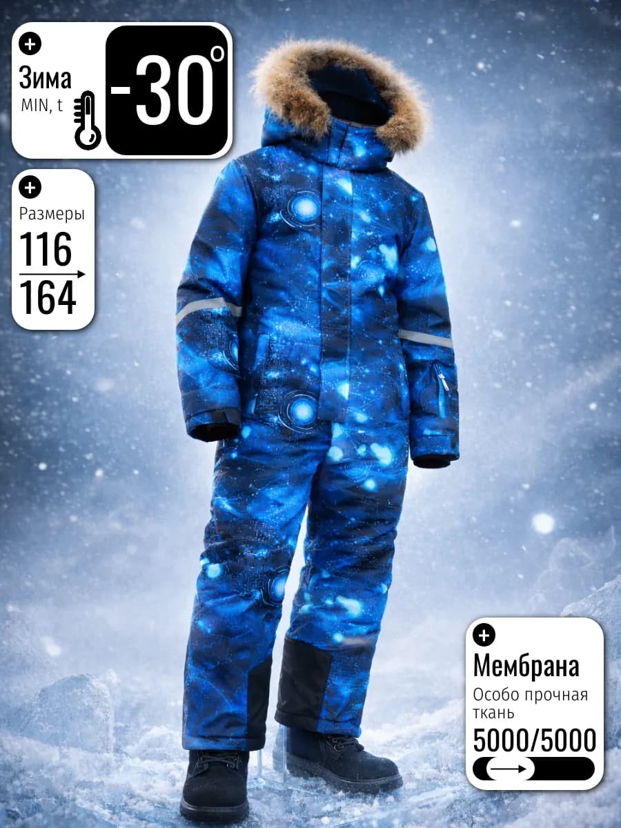 Зимний слитный мембранный комбинезон с капюшоном