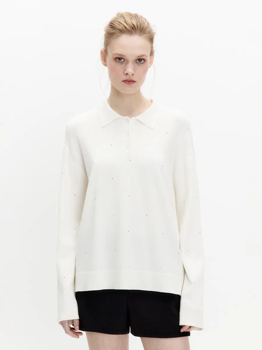 Джемпер-поло вязаный со стразами