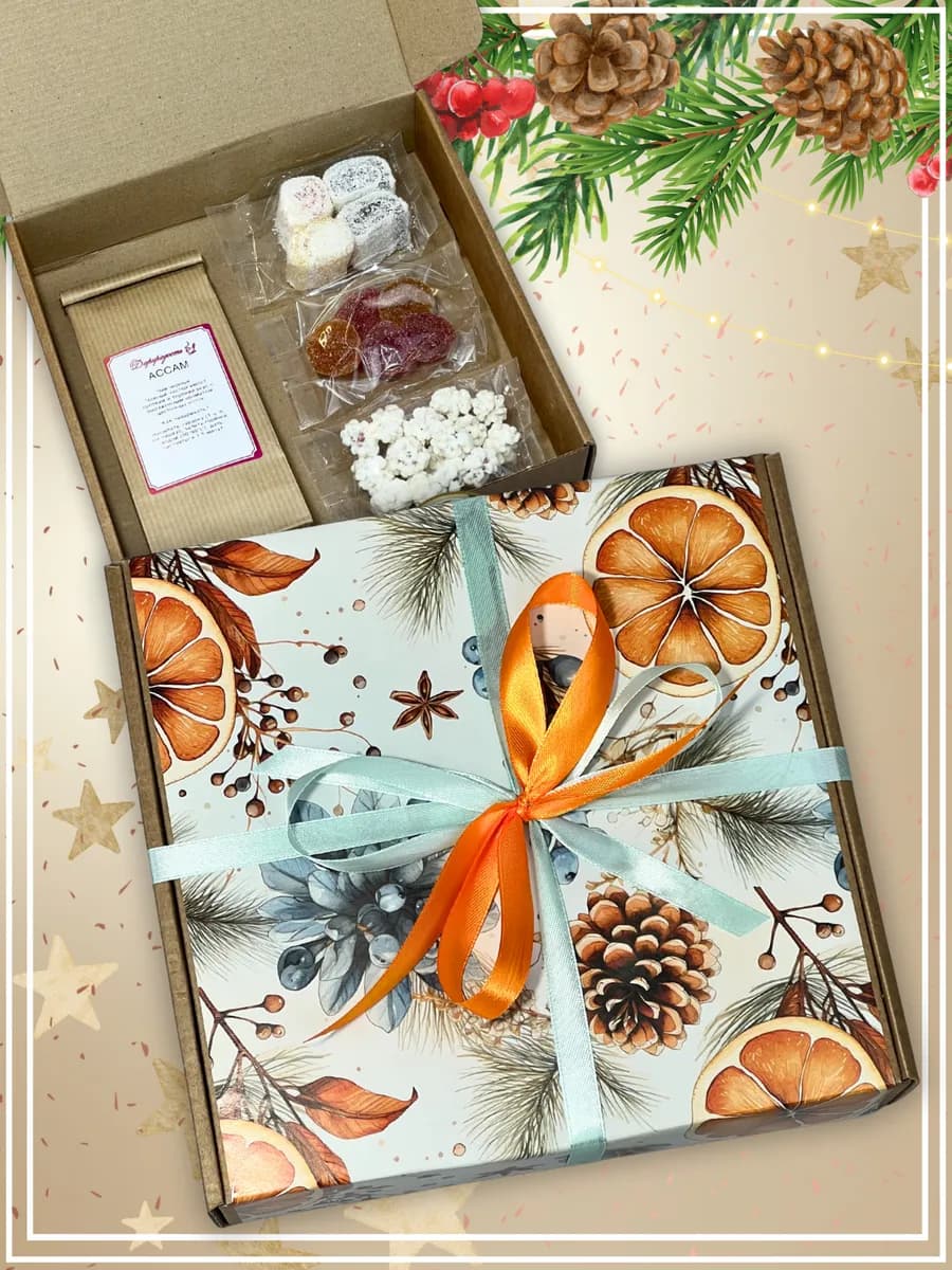 На Новый год набор чая и сладостей гостям подарки