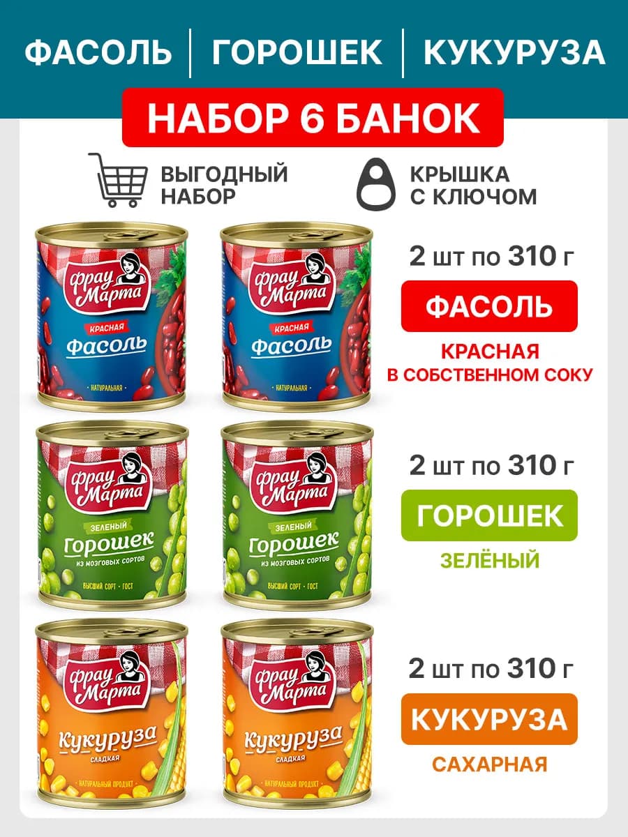 Горошек, кукуруза, фасоль красная в собственном соку