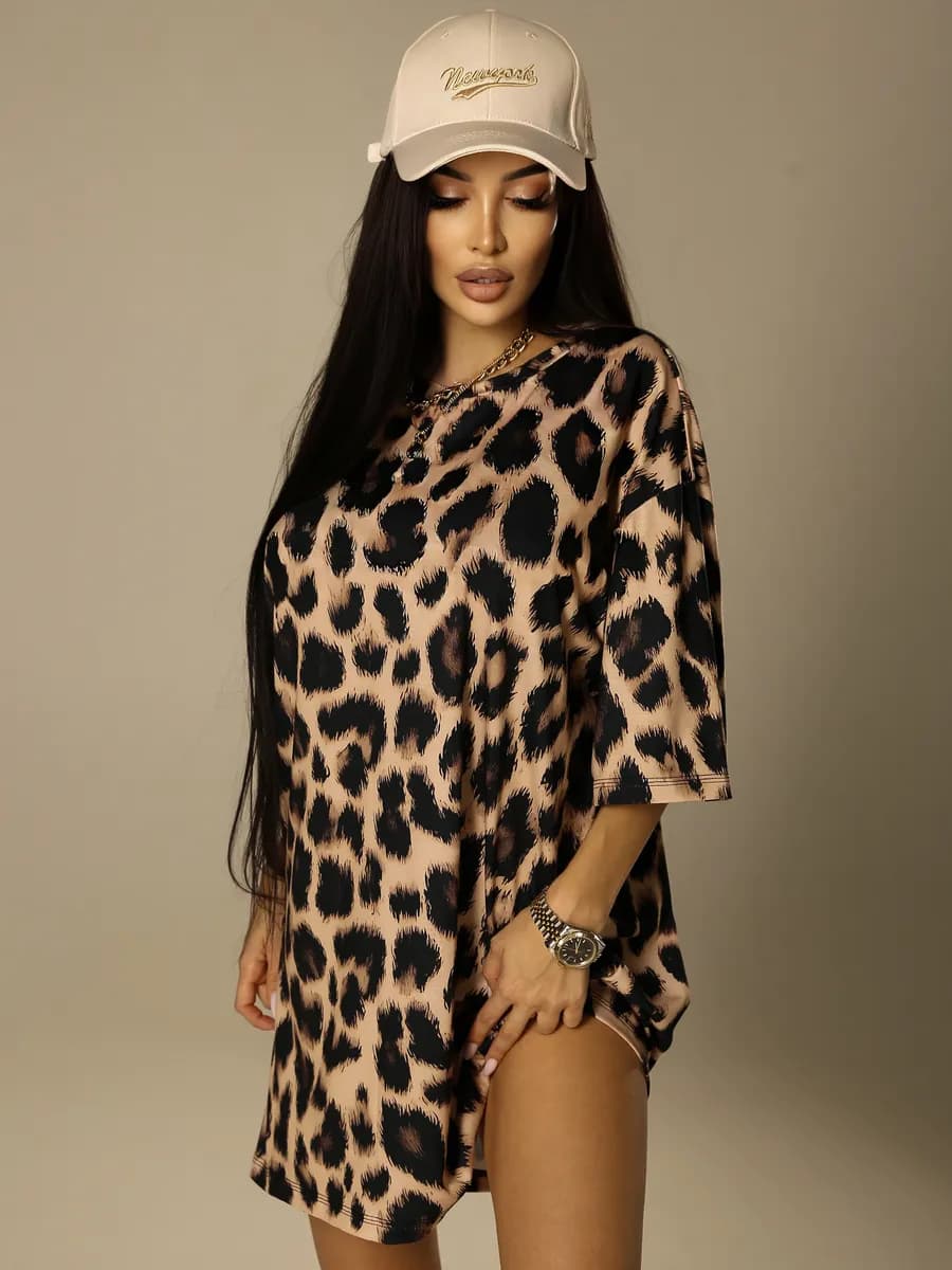 Футболка оверсайз леопардовый принт туника удлиненная пляж