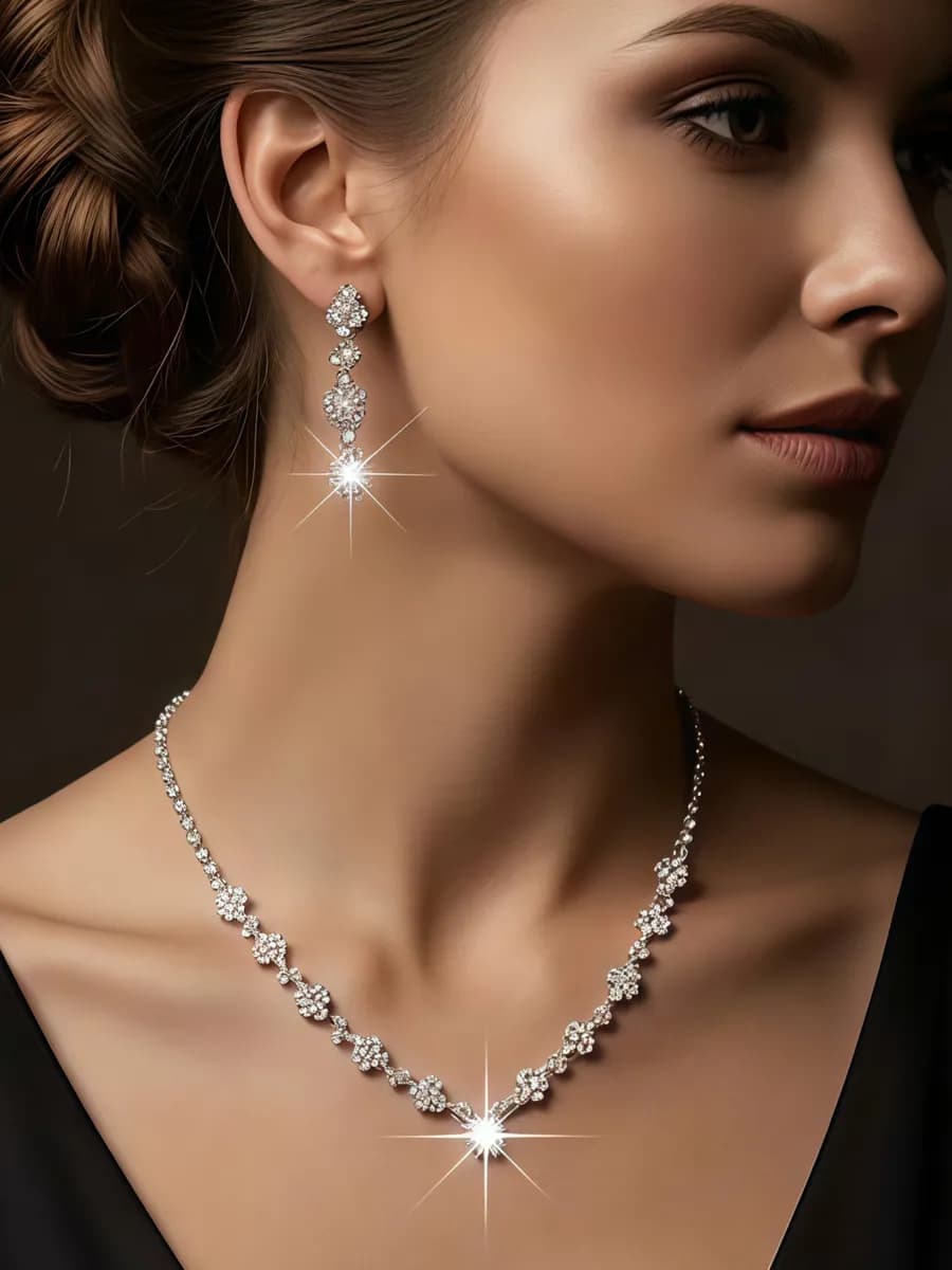 Набор украшений на шею колье, ожерелье и серьги со стразами