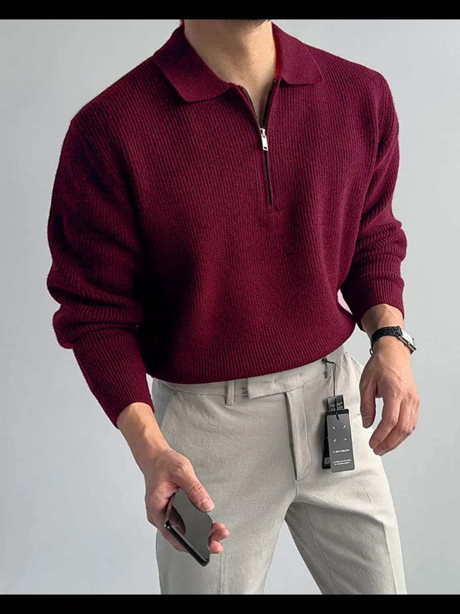 Свитер оверсайз теплый вязаный на молнии с воротником