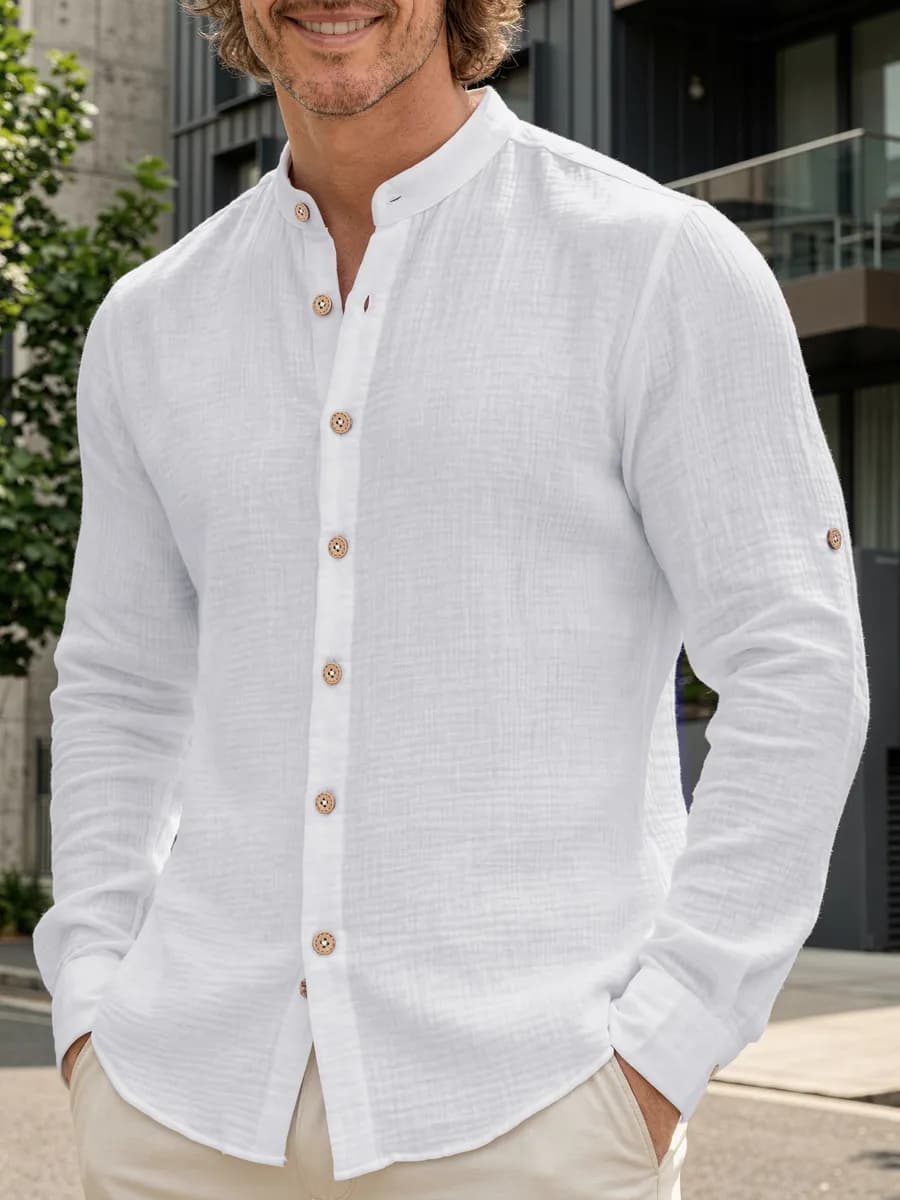 Рубашка муслиновая летняя с длинным рукавом воротник стойка