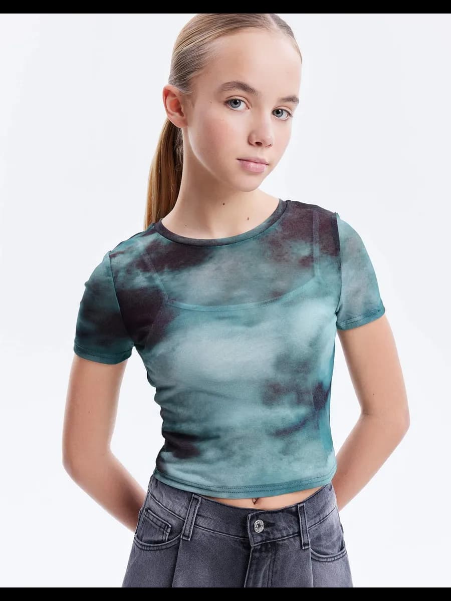 Синий многослойный топ с тотальным принтом