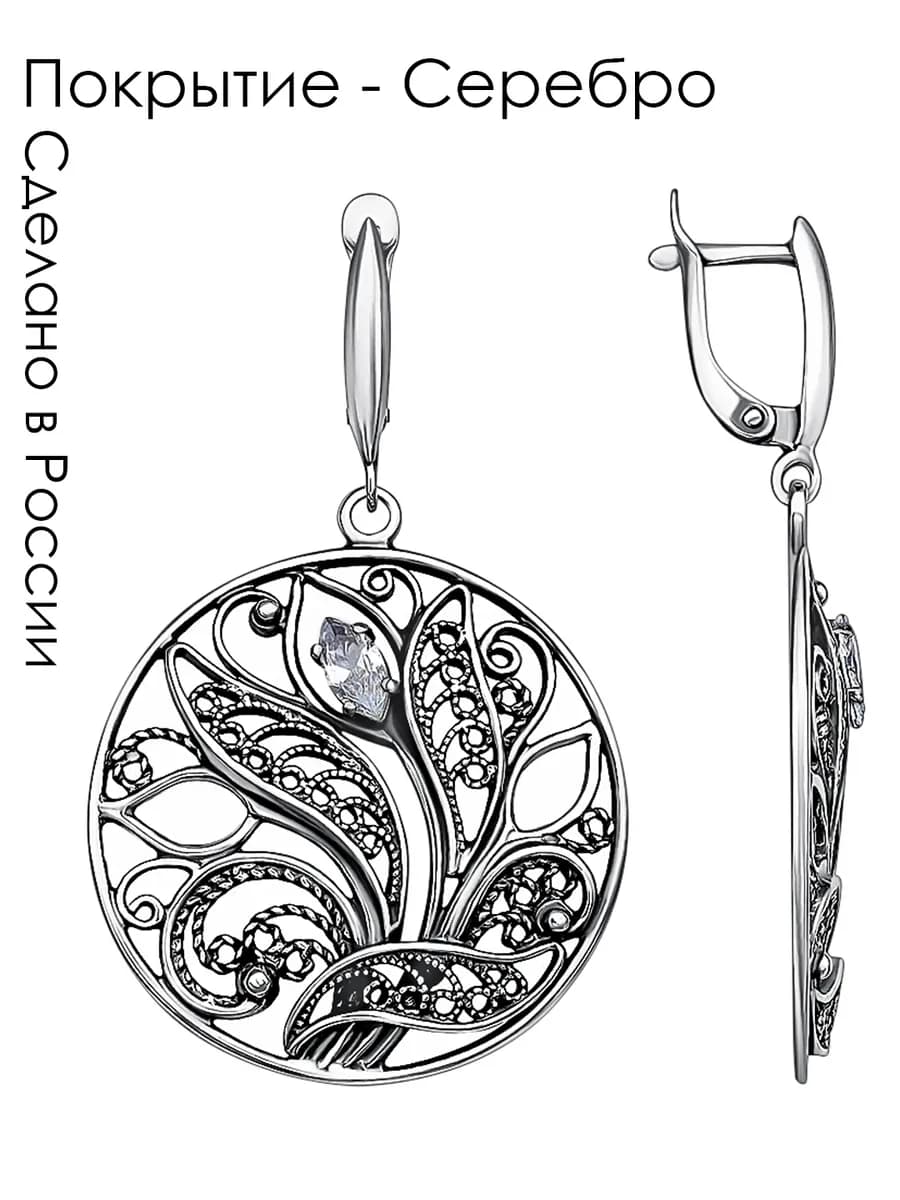 Круглые серьги с фианитом и ажурным узором