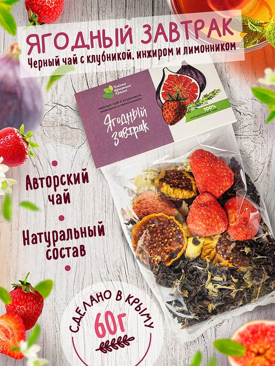 Ягодный завтрак. Черный чай с клубникой и инжиром