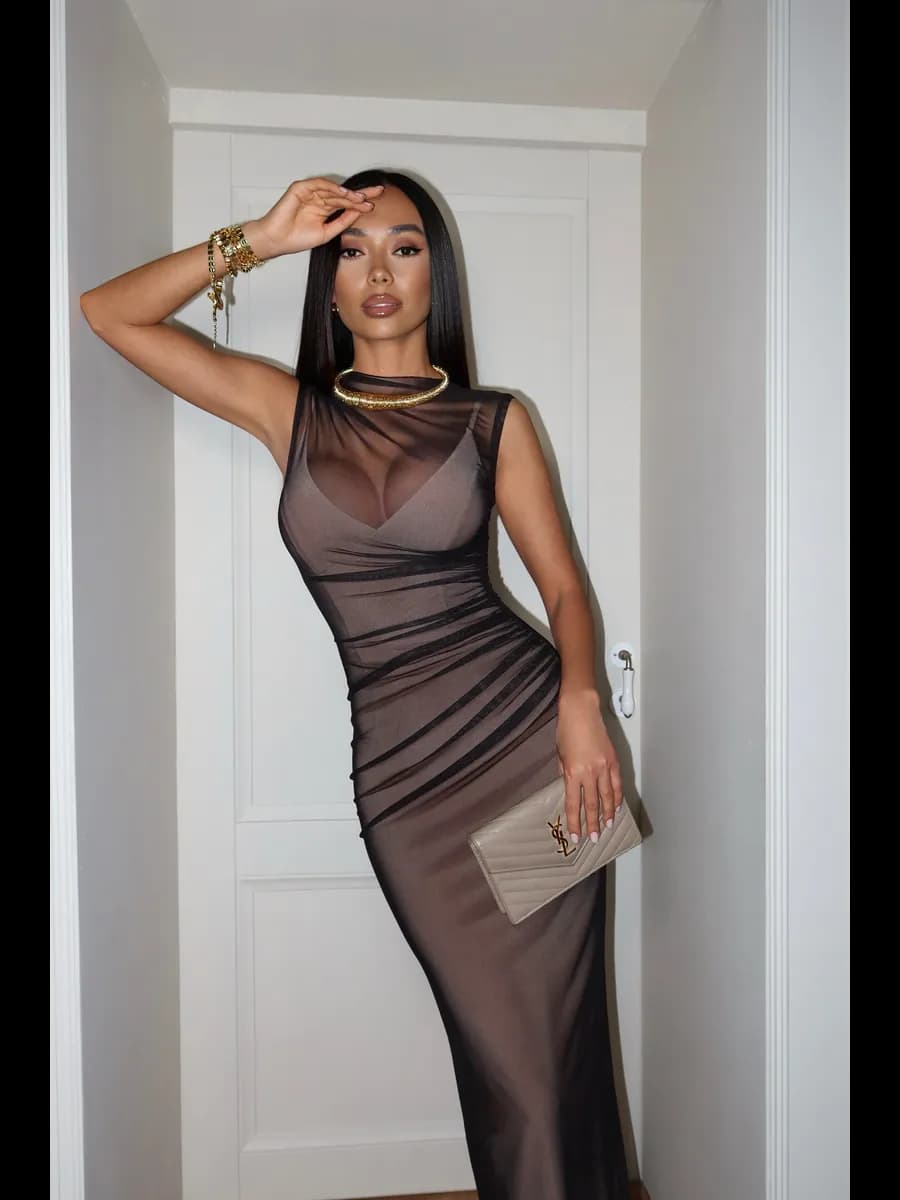 Платье прозрачное с драпировкой в пол праздничное вечернее