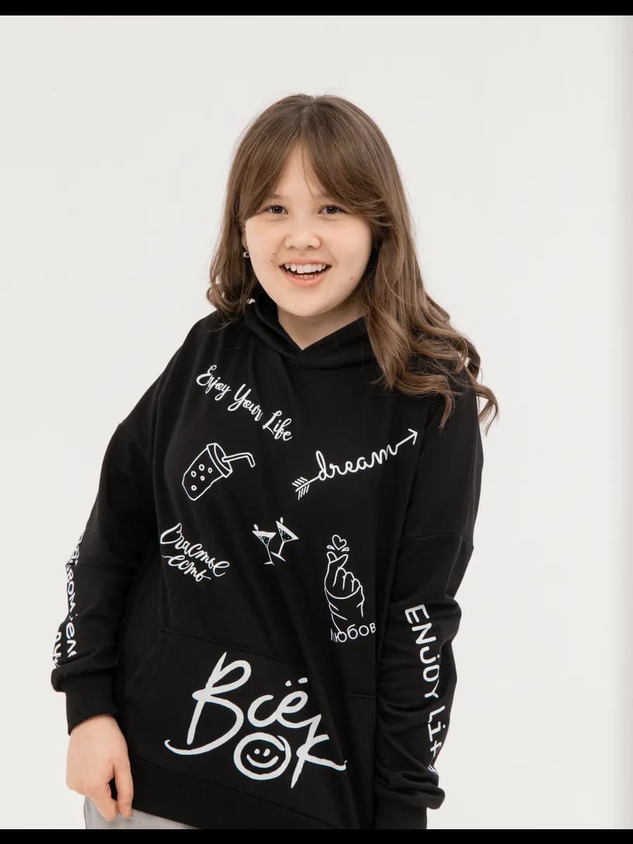 Худи с капюшоном и принтом без начеса подростковое