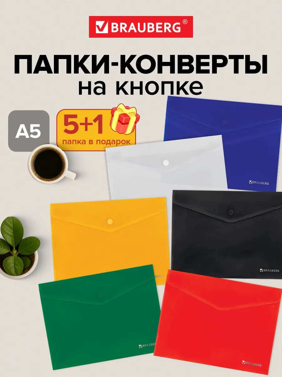 Папка конверт для документов, тетрадей, бумаг А5 кнопка 6 шт
