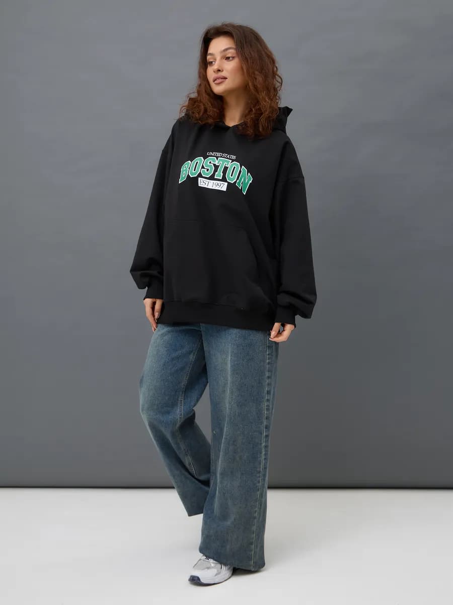 Худи с капюшоном и яркой надписью Boston, оверсайз стиль