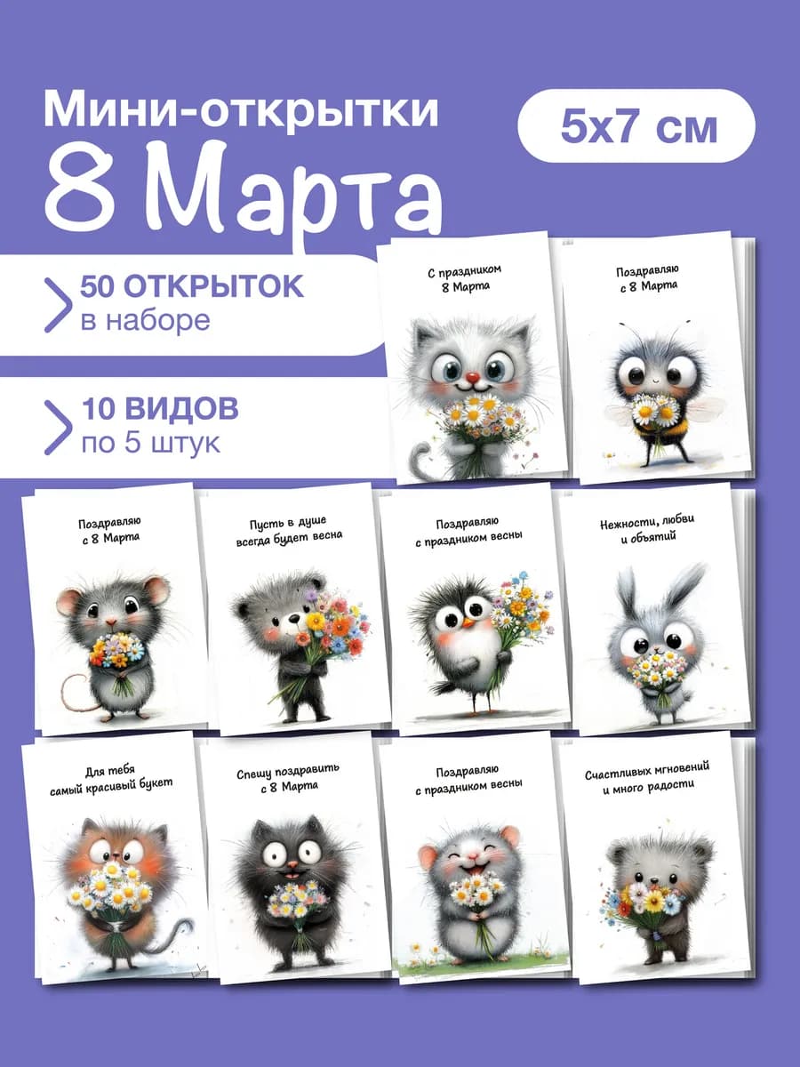 Набор мини открыток на 8 марта, подарок, 50 шт