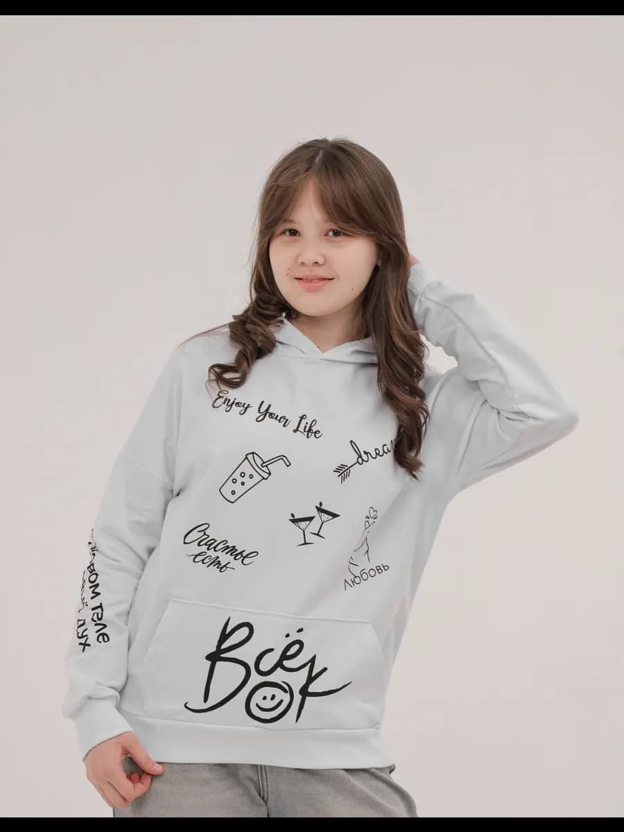 Худи с капюшоном и принтом без начеса подростковое