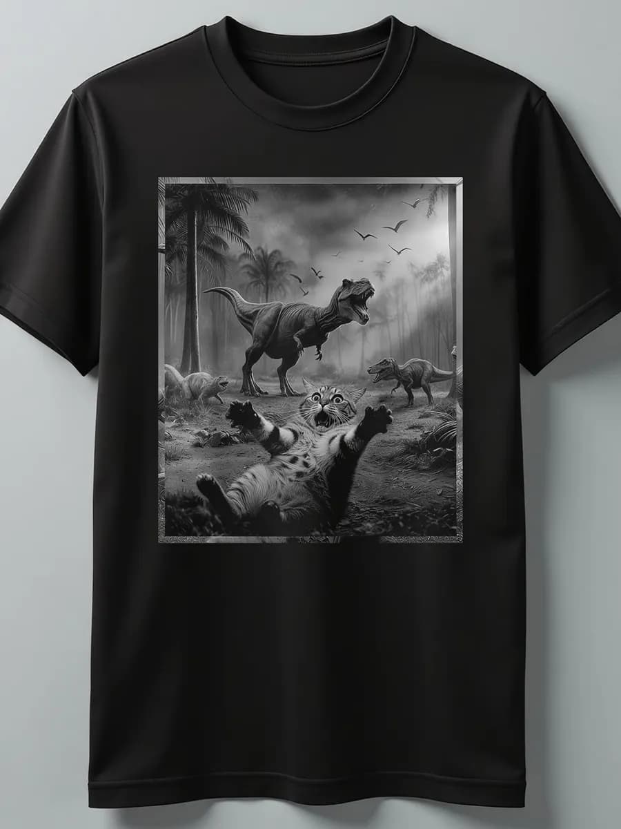 Футболка с принтом кот и динозавры прикол