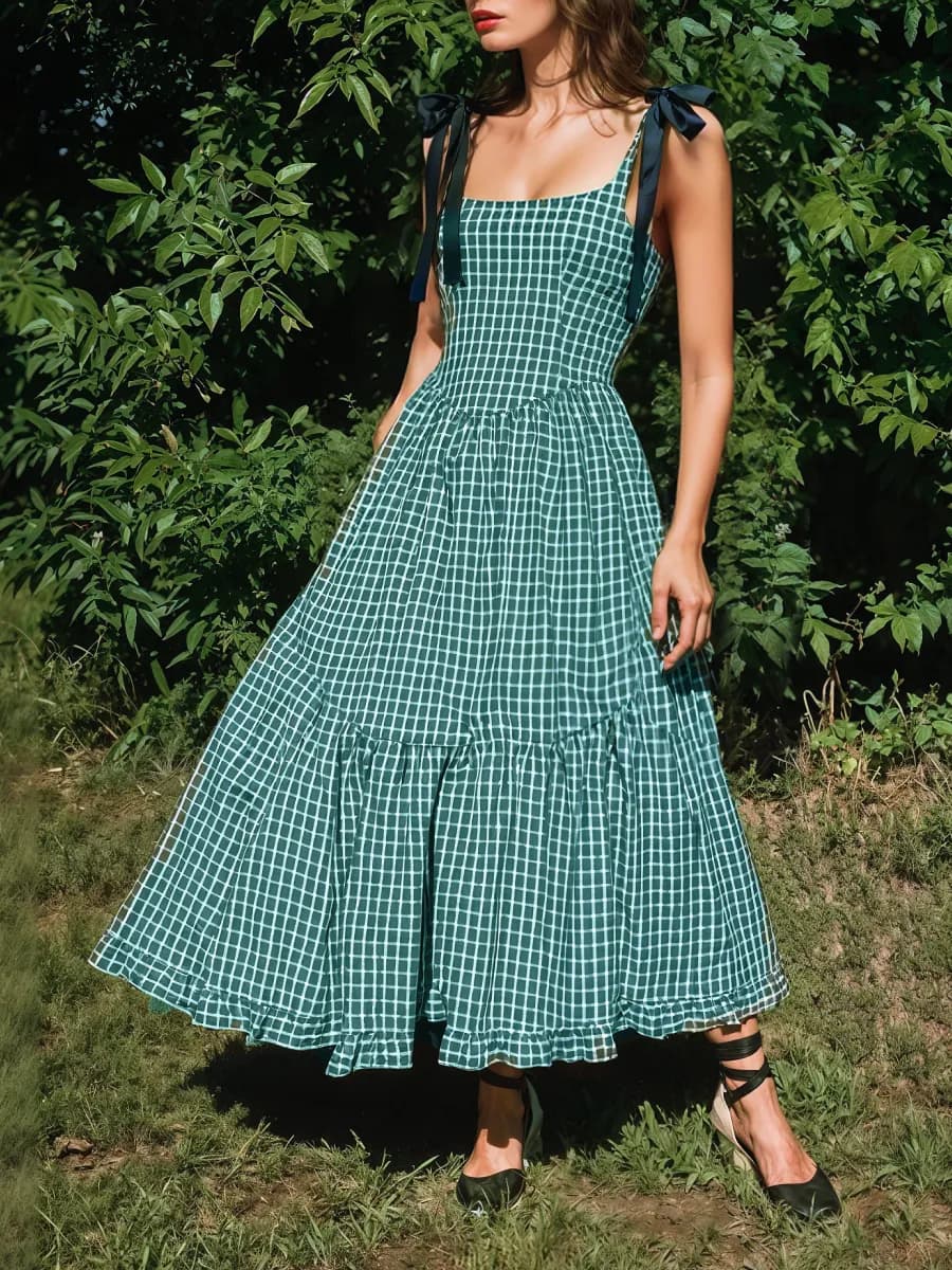 Платье летнее сарафан зеленое в клетку длинное с бантами