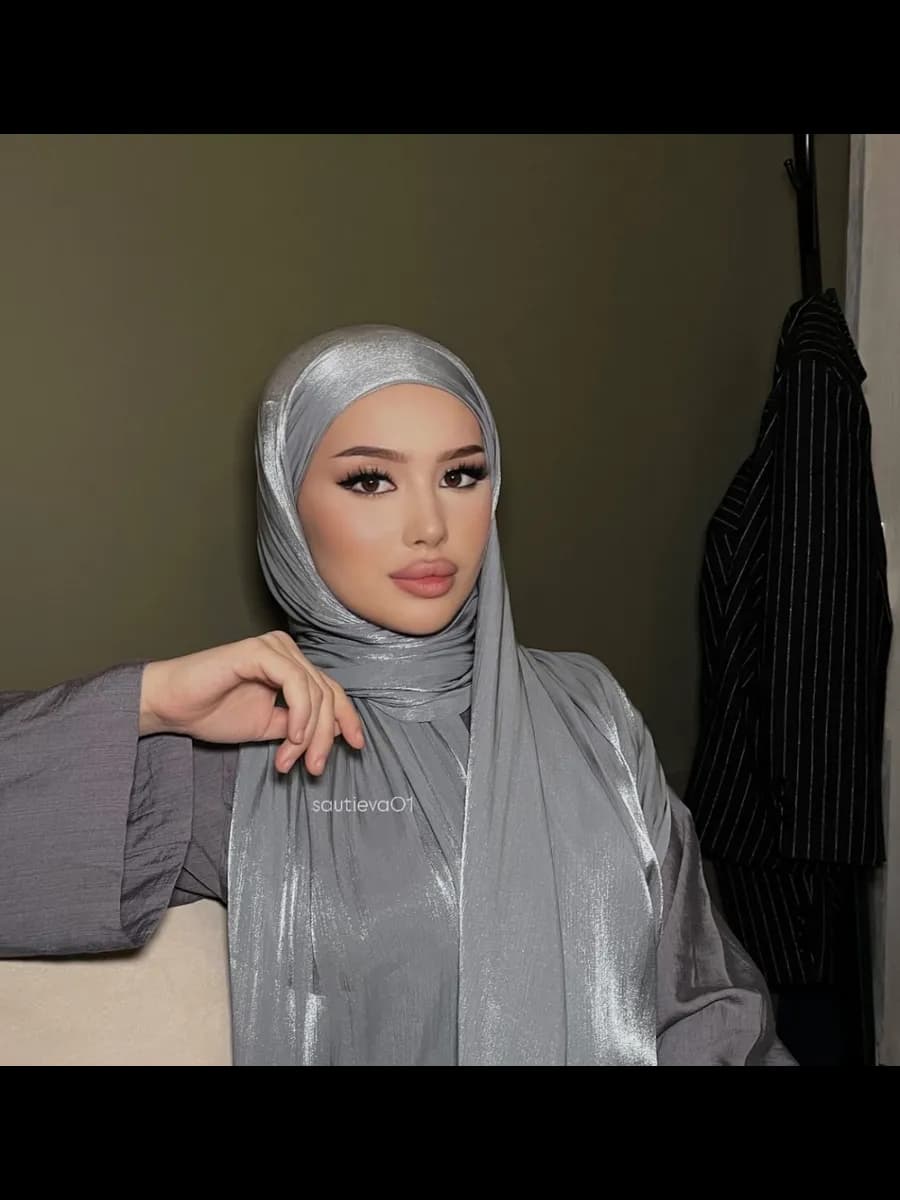 Шарф органза мусульманский серый серебристый