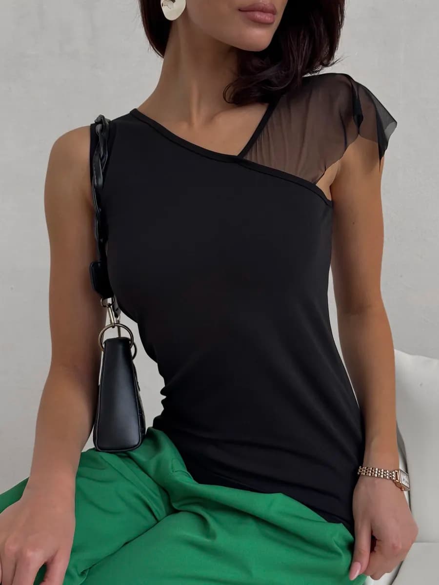 Топ вечерний нарядный на одно плечо без рукавов сетка