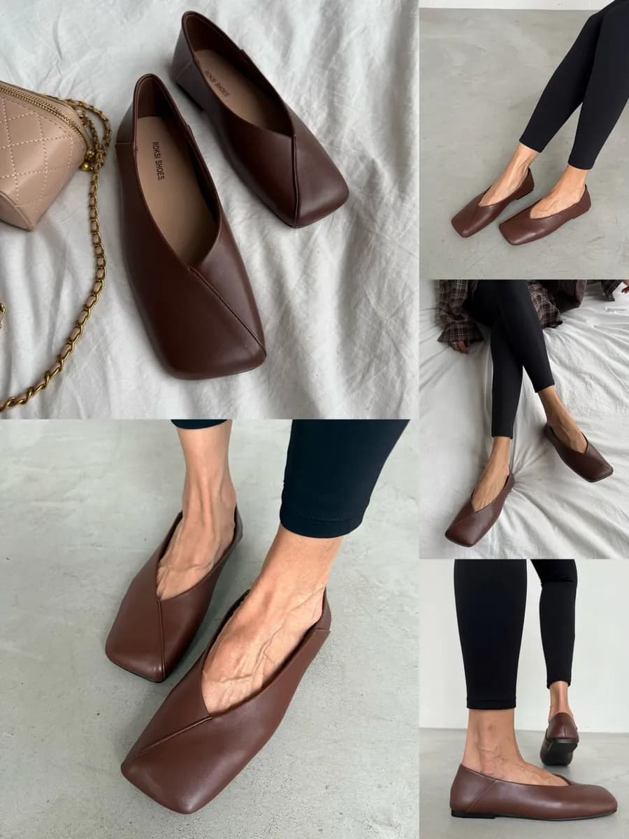 Балетки кожаные с квадратным носом