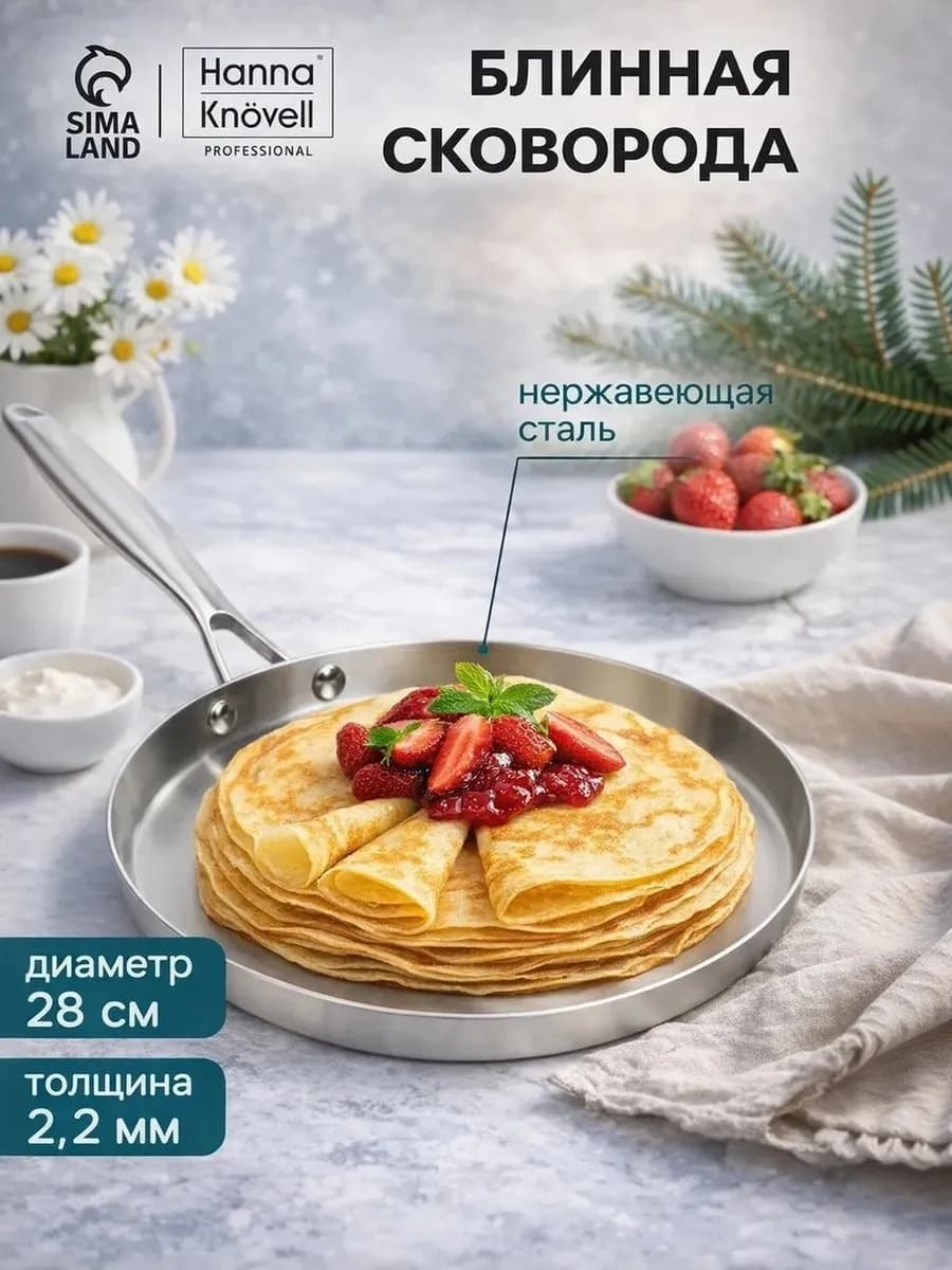 Сковорода блинная 28 см, индукция, нержавеющая сталь