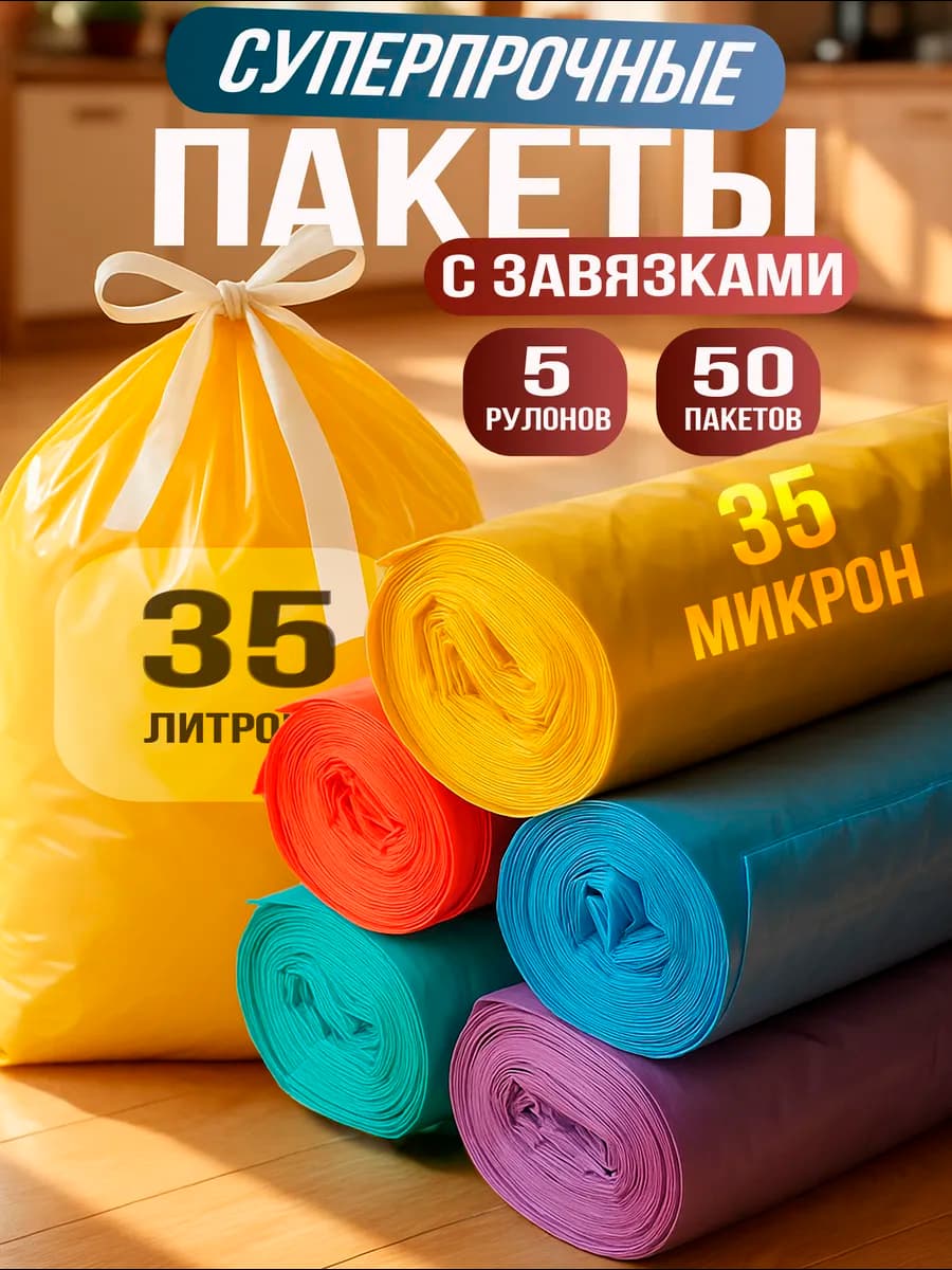 Мешки для мусора 35 л прочные цветные с завязками