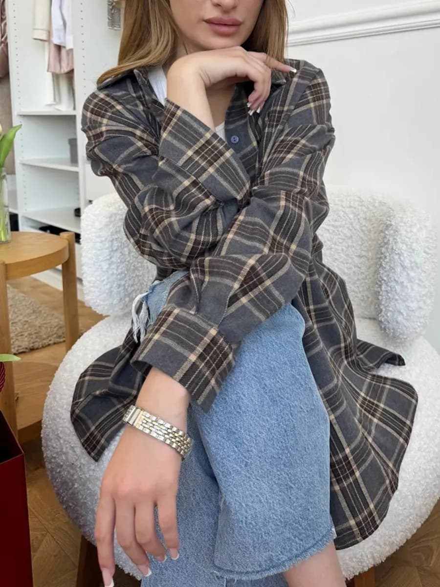 Рубашка в клетку оверсайз удлиненная теплая