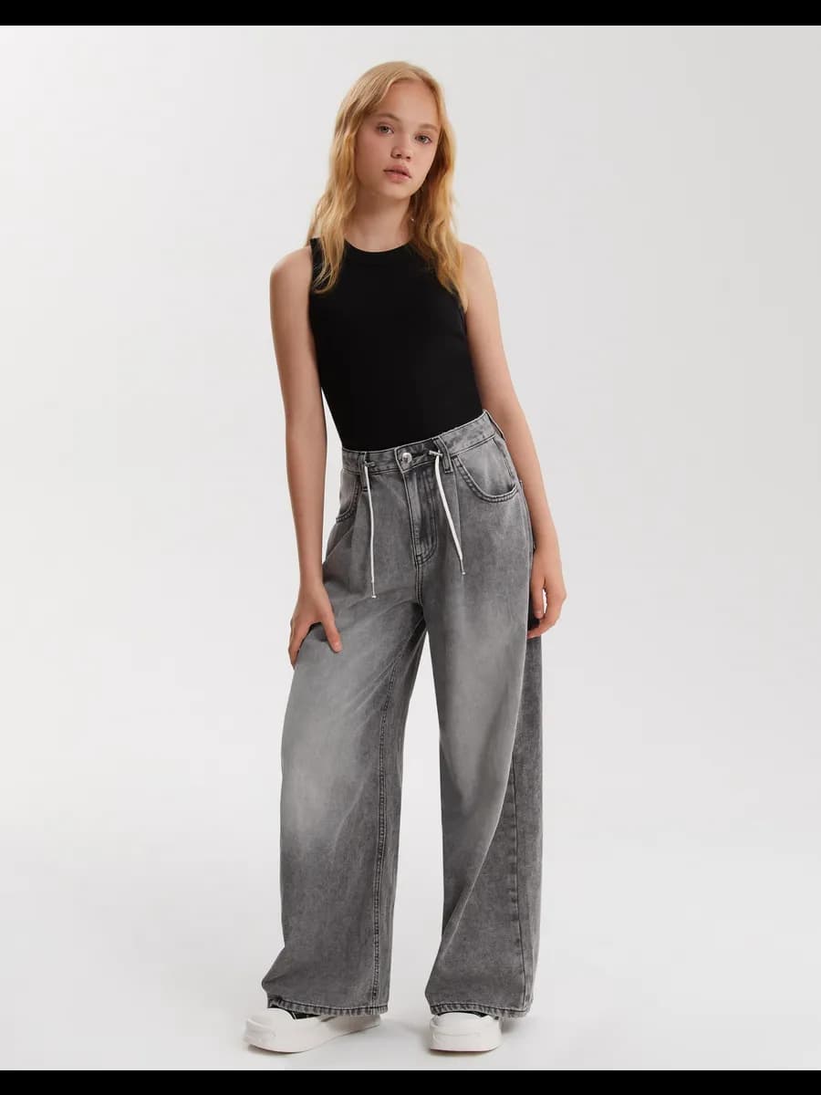Серые джинсы Wide leg со шнурком
