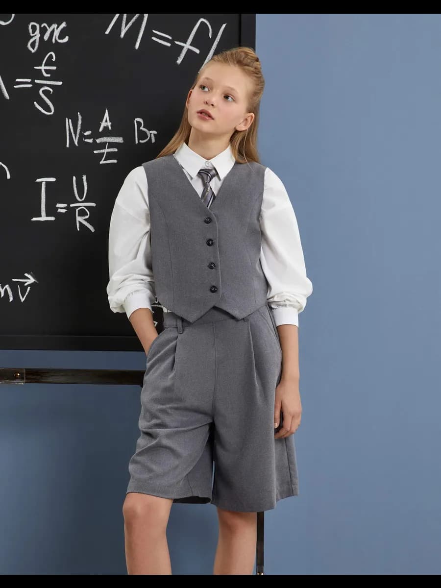 Серые прямые школьные шорты с защипами