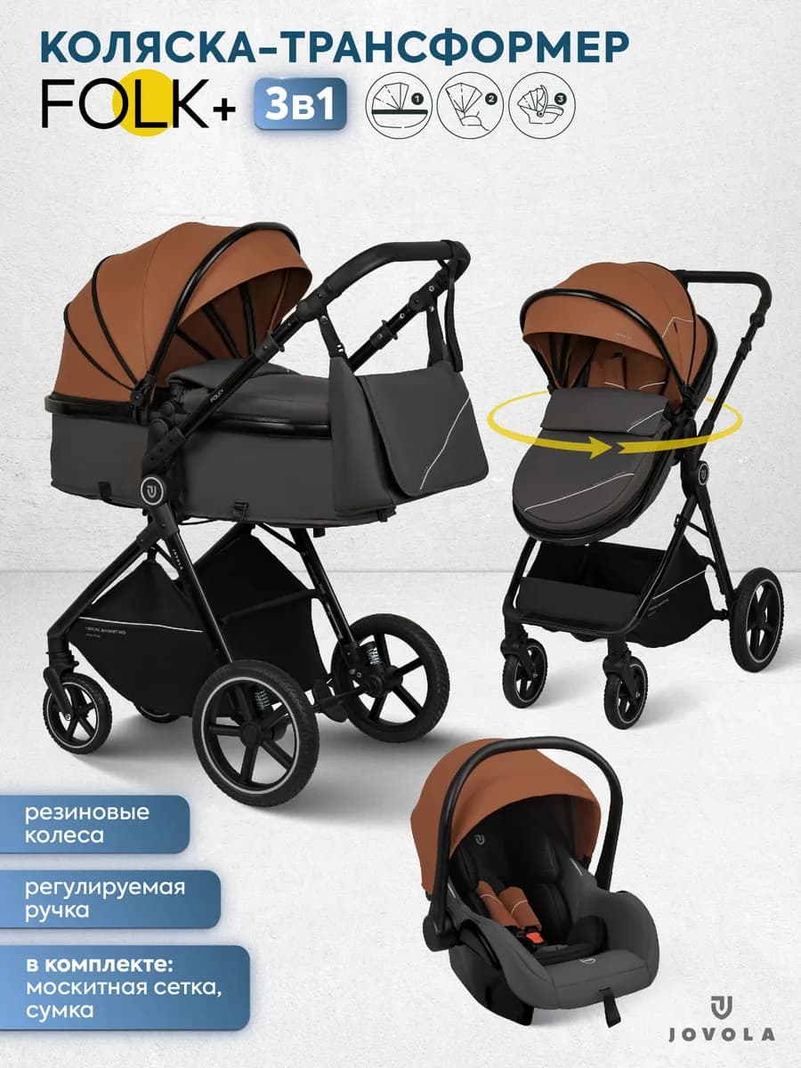 Коляска трансформер для новорожденных 3 в 1 Folk+