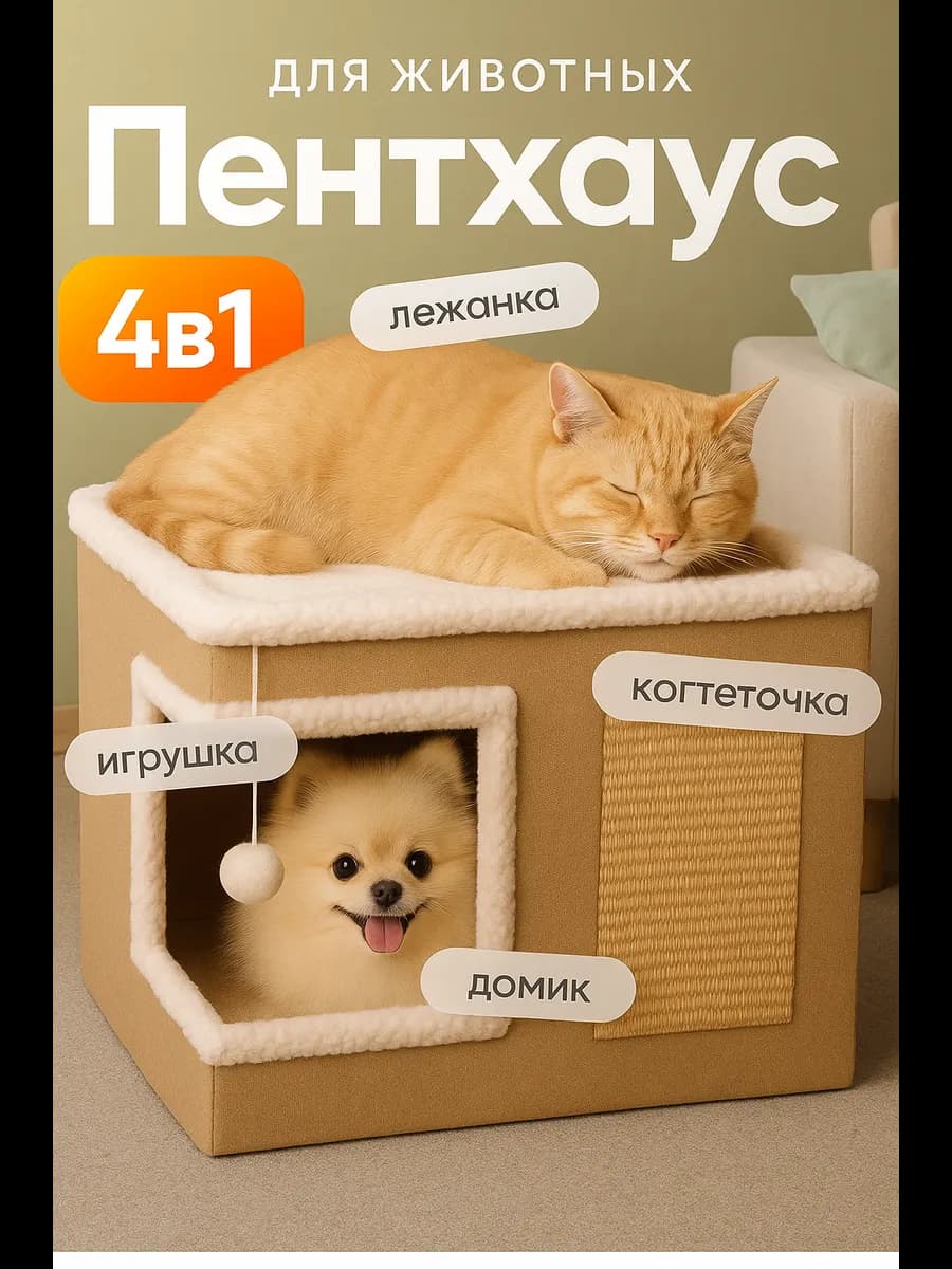 Домик-лежанка для кошек с когтеточкой и игрушкой
