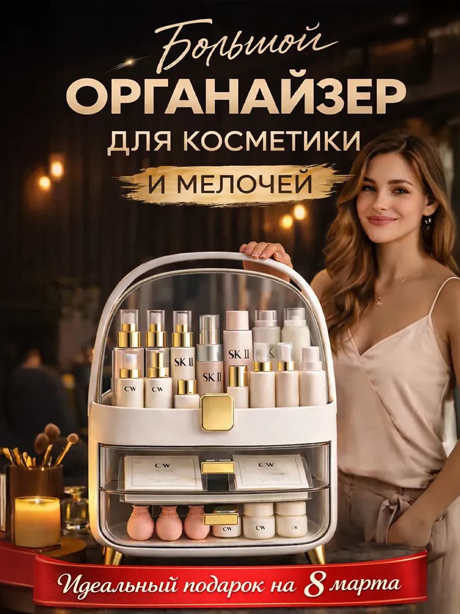 Органайзер для косметики большой прозрачный с крышкой