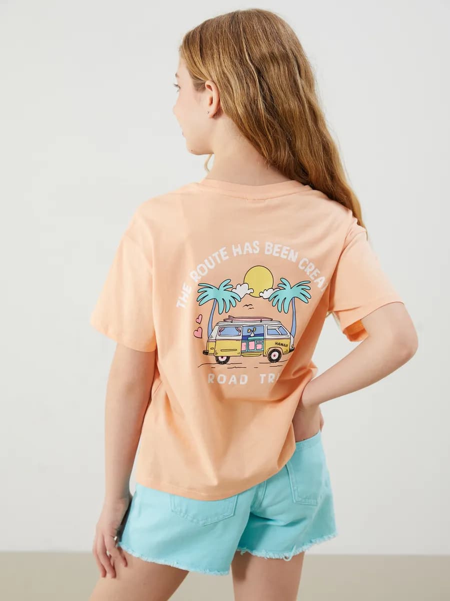 коралловый Футболка для девочек с круглым вырезом