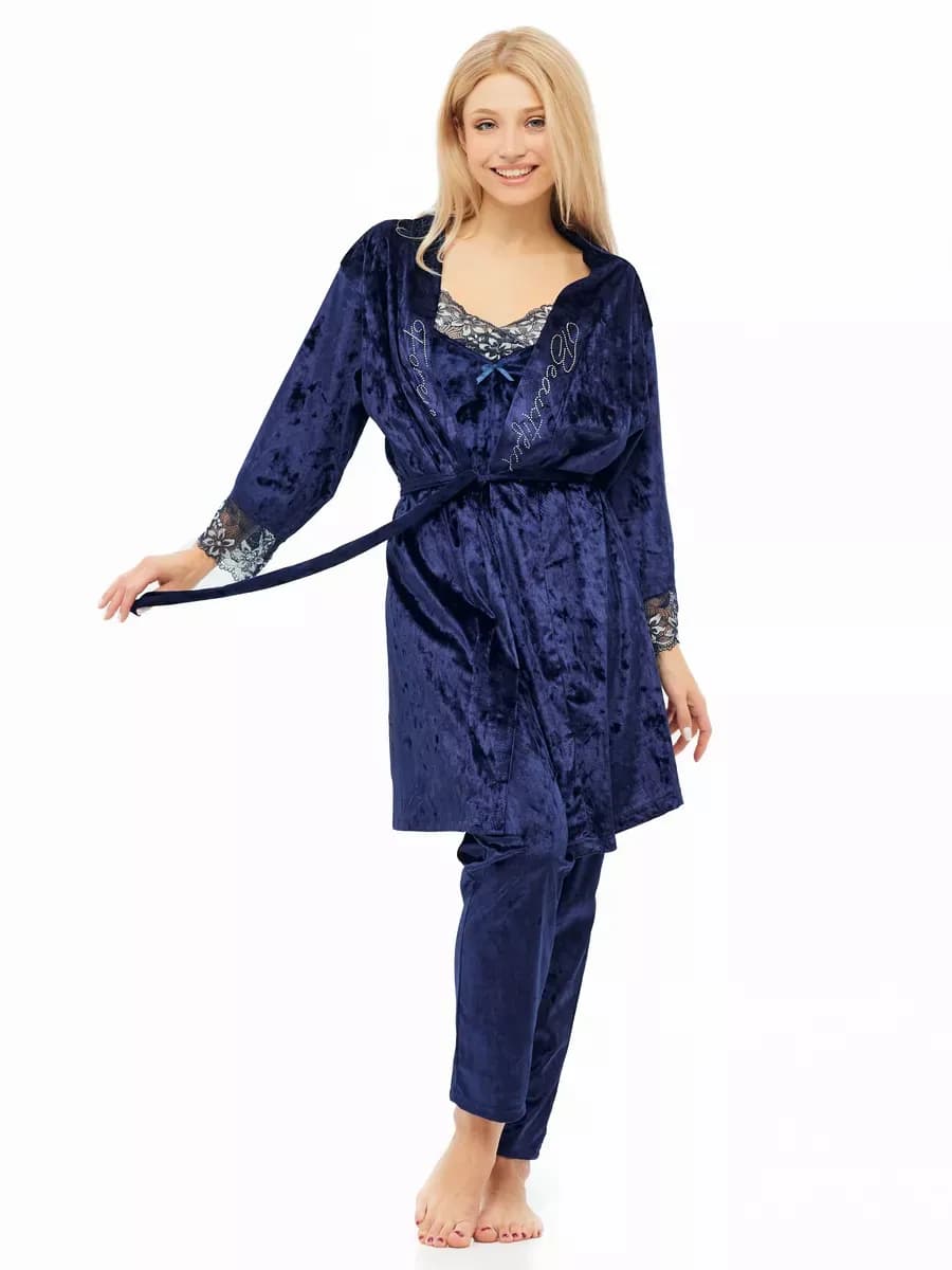 Пижама велюровая со штанами и халатом комплект
