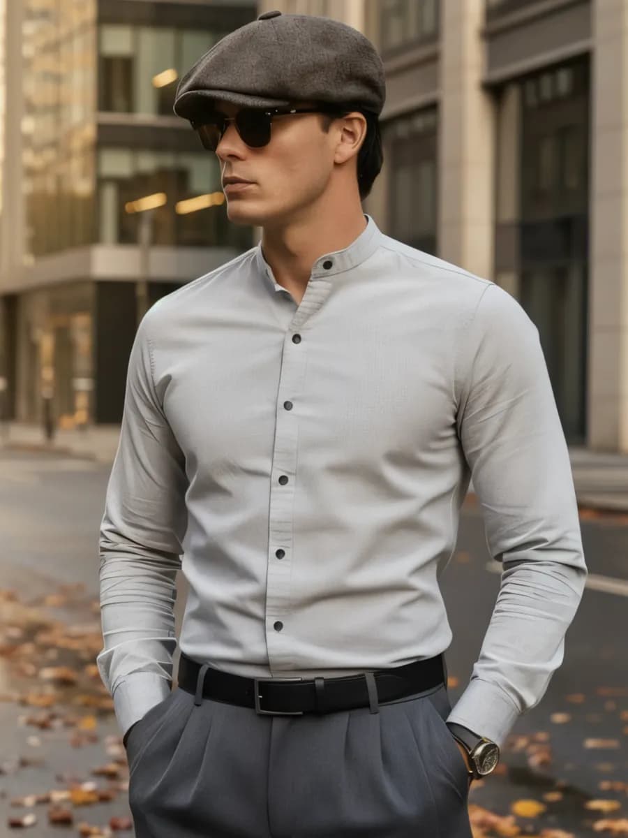 Рубашка приталенная на кнопках с воротником стойкой