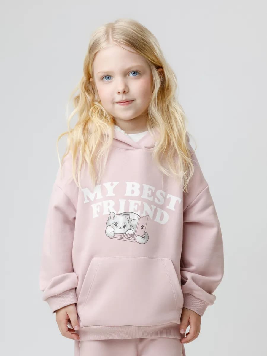 Трикотажное худи с принтом для девочки, розовое