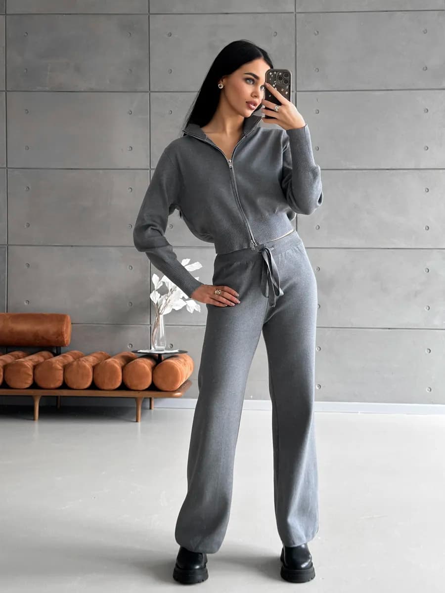 Костюм двойка кардигана молнии брюки палаццо спортивная
