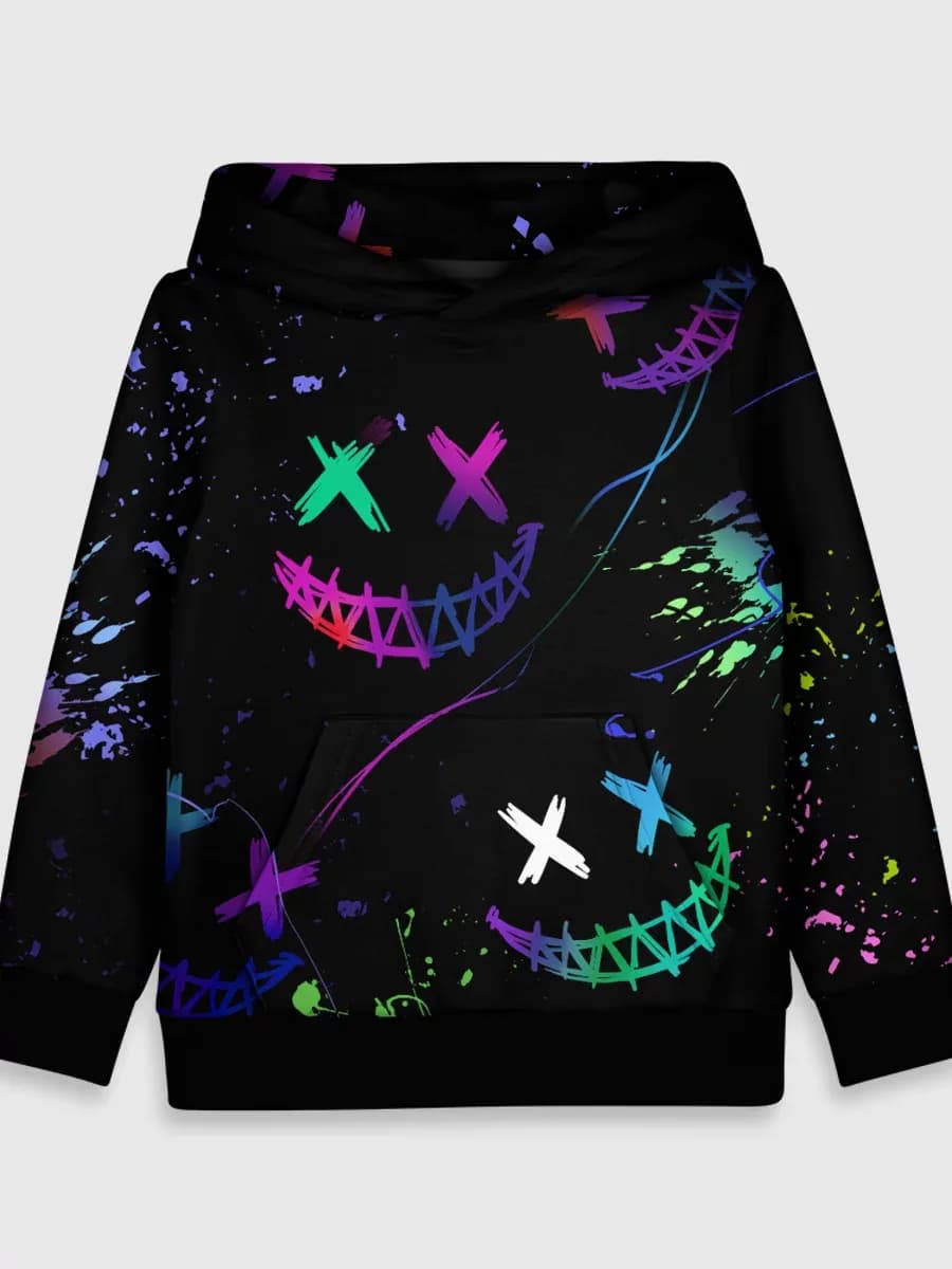 толстовка с принтом неновые краски - лица крипи смайл