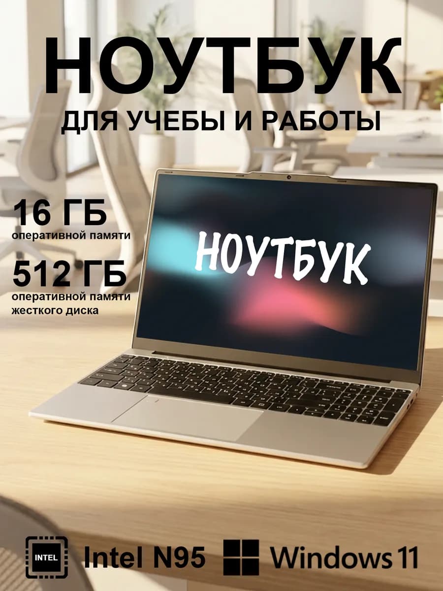 Ноутбук для учебы 15 6" IPS Intel N95 16ГБ SSD 512GB