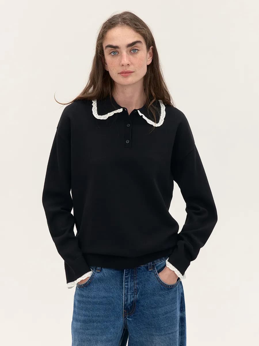 Джемпер-поло вязаный с кружевом