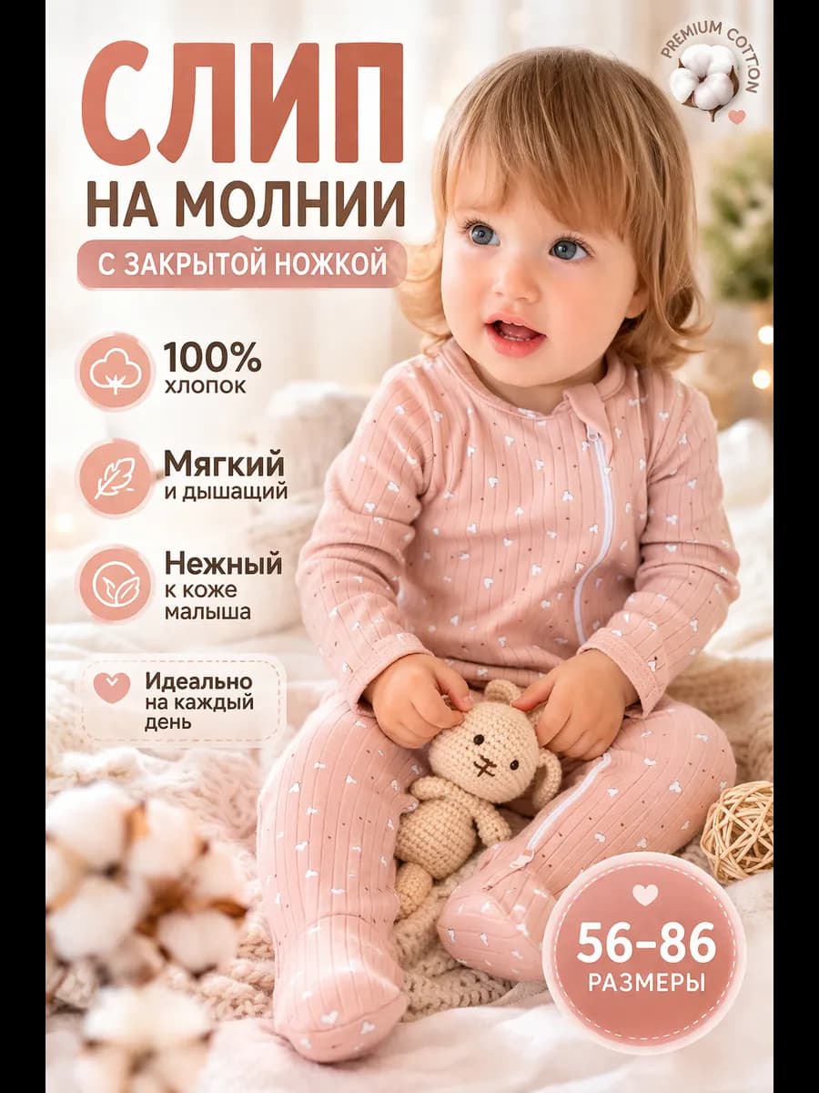 Слип для новорожденных на молнии