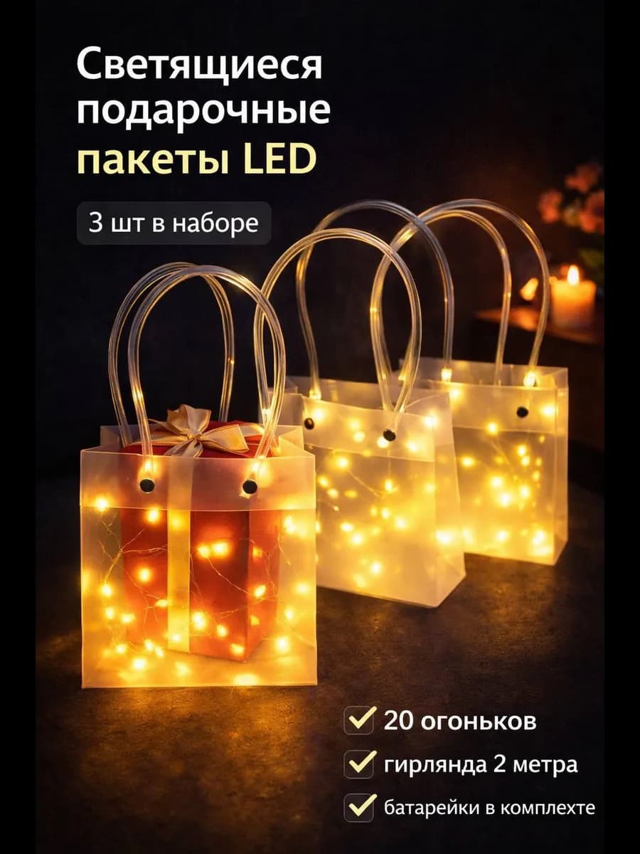 Подарочные пакеты с подсветкой LED 3 шт для подарков
