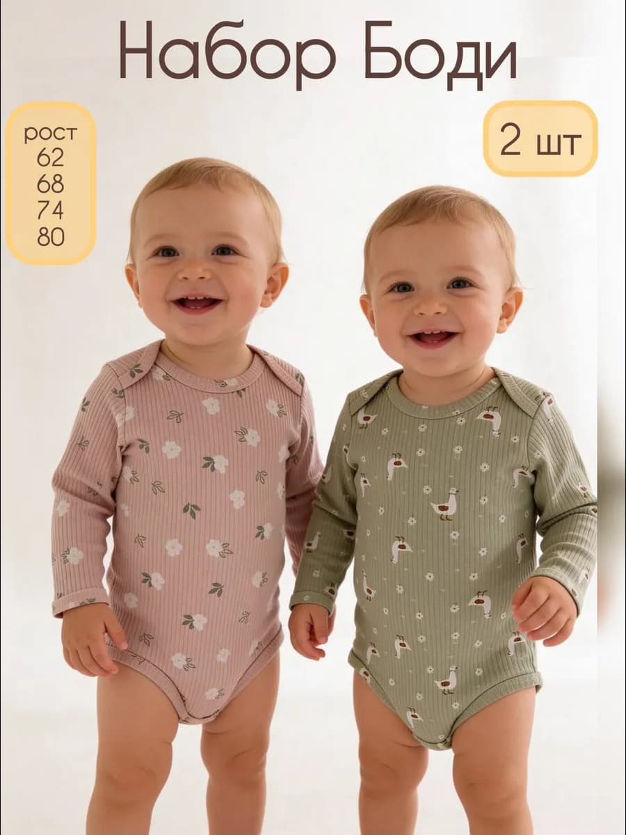 Боди для новорожденных с длинным рукавом набор 2 шт