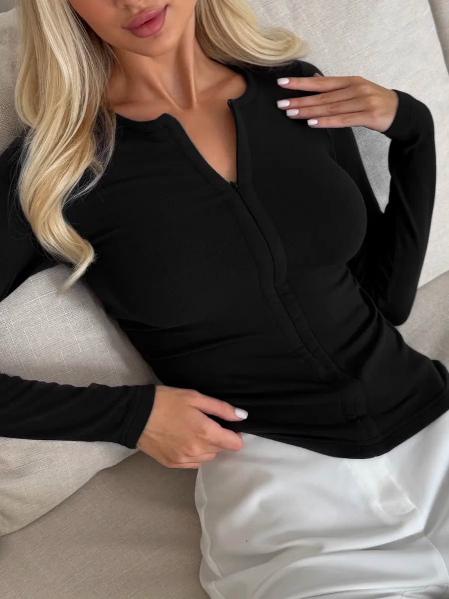 Лонгслив облегающий в рубчик на молнии, с длинным рукавом