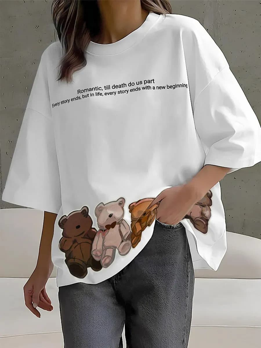 Футболка оверсайз хлопок светящийся принт мишки повседневная