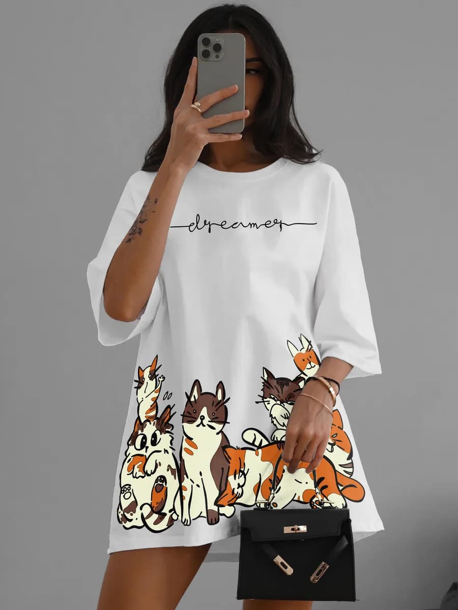 Футболка оверсайз хлопок светящийся принт коты повседневная