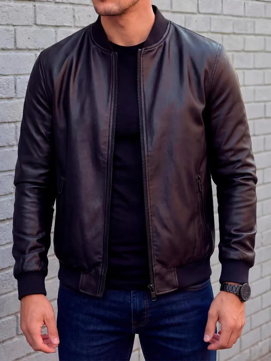 Куртка бомбер кожаная демисезонная