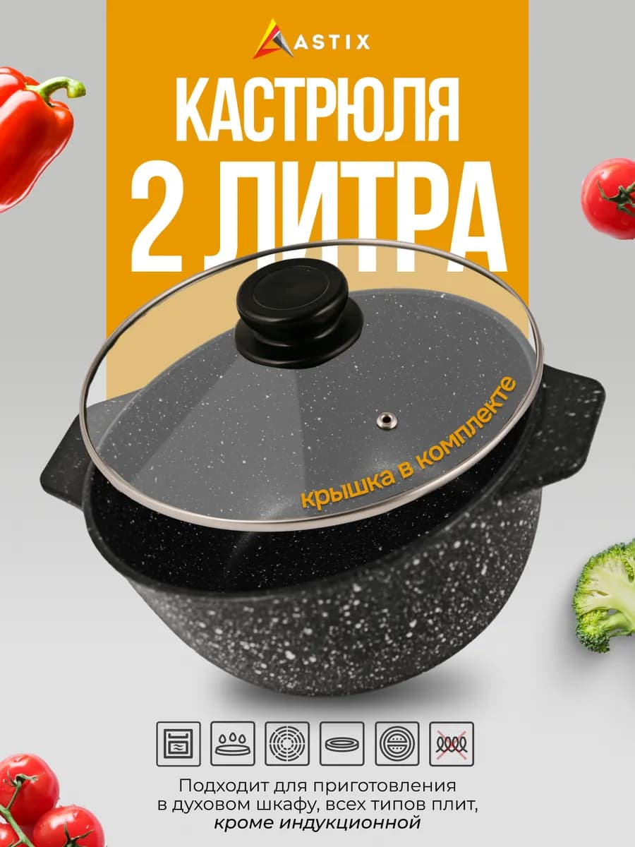 Кастрюля с крышкой 2 литра антипригарная