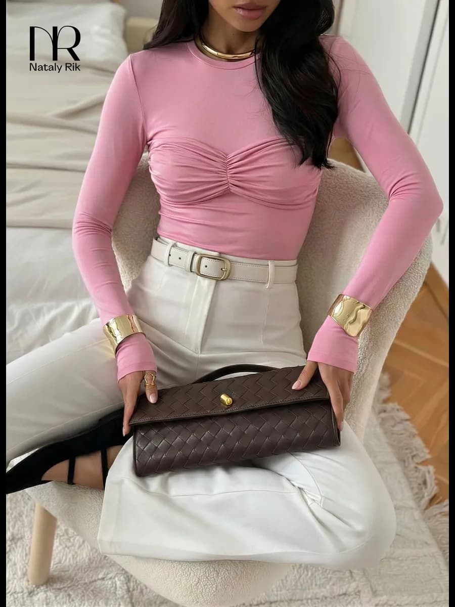 Лонгслив облегающий со сборкой нарядный с длинным рукавом