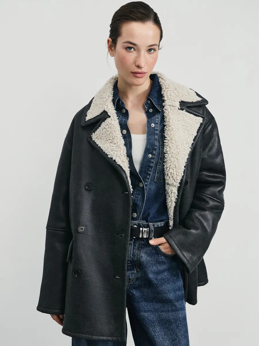 Дубленка двубортная на пуговицах демисезонная