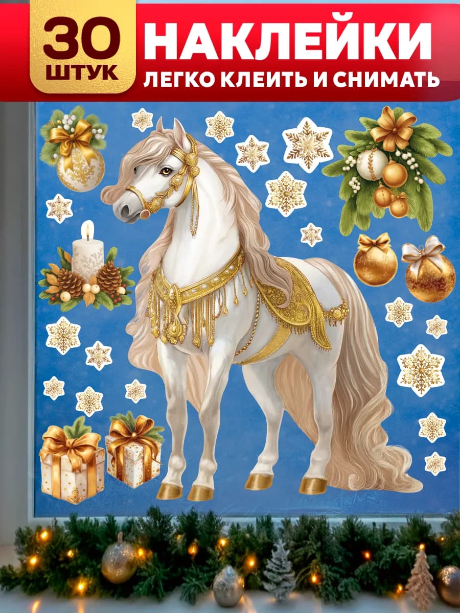 Новогодние наклейки на окна Лошадь в золоте 2026