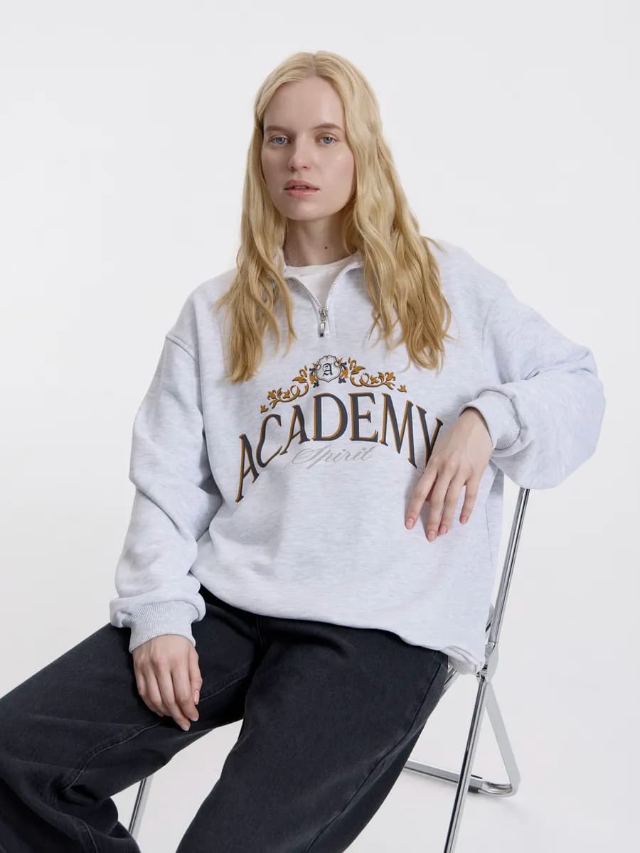 Свитшот оверсайз полузамок с принтом без начеса